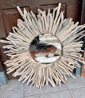 Driftwood Natural Brown Wood Round Wall Mounted Mirror (77cm Dia)