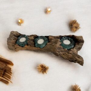 Triple Molten Candle Holder, Natural Wood and Recycled Glass
