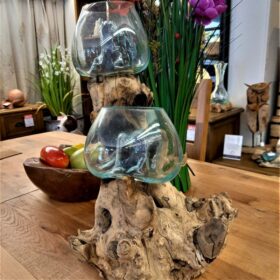 Two Glass Terrarium on Gamal Wood Base - Big Size - 50cm