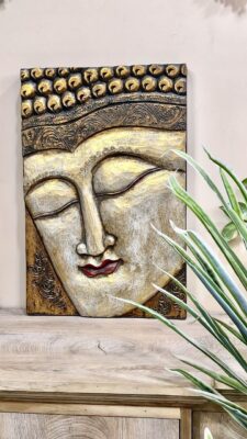 Wooden Serene Buddha Bust Head Painting Hand Carved Sculpture