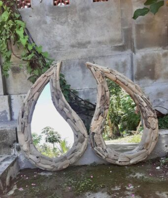 Driftwood Natural Brown Wood  Rain Drop Wall Mounted Mirror (80 CM)