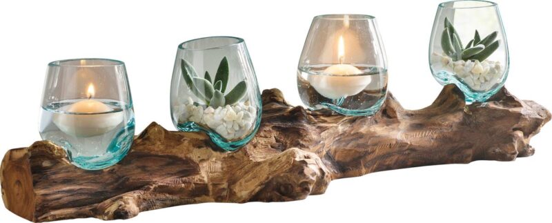 Four Molten Glass on Teak Root Driftwood Base - Set of 4 (12-14cm) Bowls Terrarium Planter for Modern Homes and Offices or Any Personal Space Decor-SavyWoods & Decor